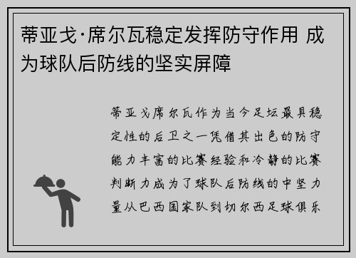 蒂亚戈·席尔瓦稳定发挥防守作用 成为球队后防线的坚实屏障